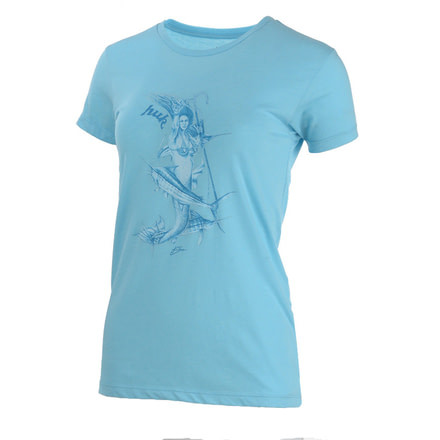 HUK Performance Fishing W Mother Ocean Vneck Tops, Short Sleeve - Womens, Tahiti Blue Heather, Large, H6100017-435-L