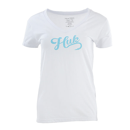 HUK Performance Fishing W Script Vneck Tops, Short Sleeve - Womens, White, Small, H6100026-100-S