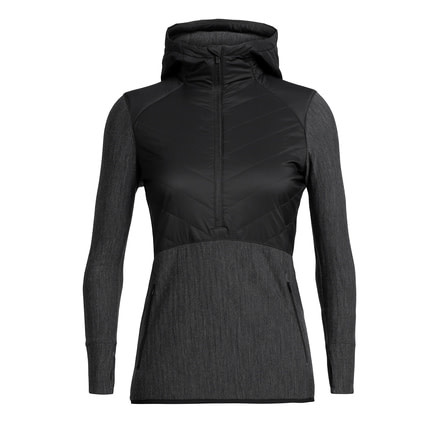 Icebreaker Descender Hybrid Long Sleeve Half Zip Hood - Womens, Black/Jet HTHR, Large, 104281A05L