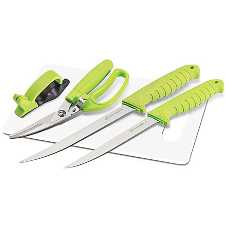 Kilimanjaro Gear 5pc Fishing Set, Black, 5in,7in Fillet,bone cutter,sharpener,board,case KJ910064