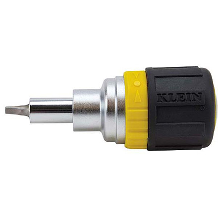 Klein Tools 6in1 Multi-Bit Ratcheting Screwdriver, Stubby, Ph, Sl, Sq, Nut Bits, Black/Yellow, 32594