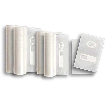 LEM Products Maxvac Vacuum Bags and Rolls Combo Pack, 36 Quart Bags, 2 Rolls 8inx25ft, 2 Rolls 11inx25ft, Clear, 1382