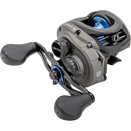 Lew’s American Hero Baitcast Reel, 4+1 Bearings, 7.5-1 Ratio, 1-PC Graphite Frame, Speed Gears, Speed Lube, Magnetic Control System, Rulon Drag, RH Retrieve, Gray/Black/Blue, AH1SHG2