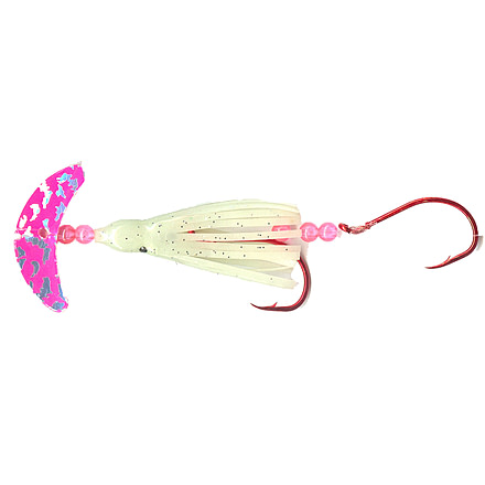 Macks Lure Cha Cha Sockeye Squidder rig, 2 2/0 Hooks, 1.5in, Pink Silver Tiger Smile Blade/Nuclear Glo Skirt/Flo Pink Beads, 60013