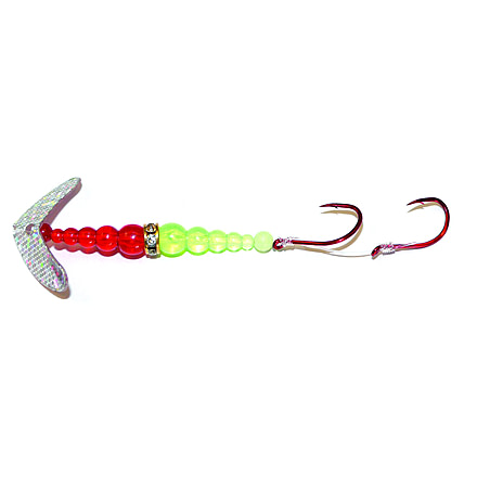 Macks Lure Double Whammy Kokanee Pro Spinner Rig, 2 Number 6 Hooks, 48in Leader, Silver Sparkle Smile Blade/Ruby/Flo Chartreuse Bead, 22203