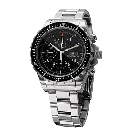 Marathon 46 mm Jumbo Diver/Pilots Automatic Chronograph w/Stainless Steel Bracelet, Black, WW194014SS-0108