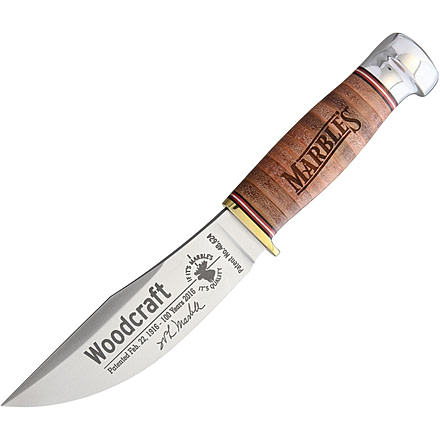 Marbles 100th Anniversary Woodcraft Knife, 8.38in Overall, 4.5in Satin SS Blade, Stacked Leather Handle, Brass Guard, Woodcraft Signature Blade Etch, Brown Leather Sheath, MR423ES