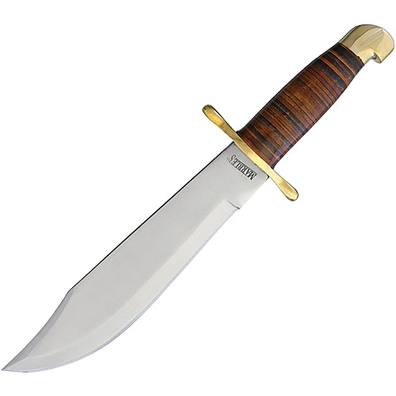 Marbles Bowie Stacked Leather Knife, 16.25in Overall, 10.5in Satin SS Clip Point Blade, Stacked Leather Handle, Brass Guard, Brown Leather Sheath, MR555/ SM1018