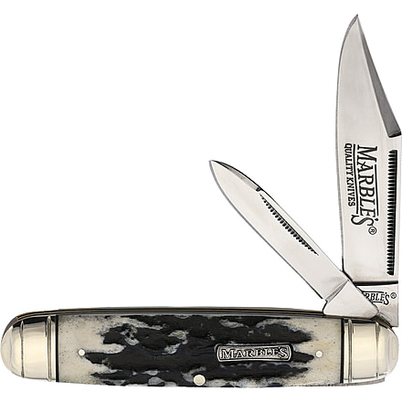 Marbles Cattleman Black Stag Bone Folding Knife, Mirror finish stainless clip and pen blades, Black stag bone handle, KB267 / MR475