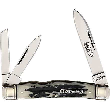 Marbles Congress Whittler Black Stag Folding Knife, Mirror finish stainless spear, pen, and coping bla, Black stag bone handle, KB320 / MR480