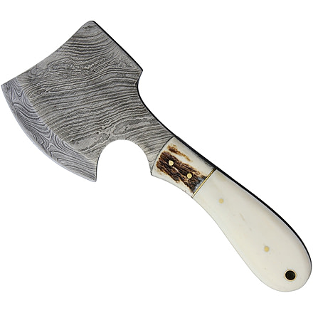 Marbles Damascus Hatchet Smooth Bone, 7.5in Overall, 3in Damascus Steel Axe Head With 3in Cutting Edge, White Smooth Bone Handle, Brown Leather Sheath, White, EG-654 / MR826D