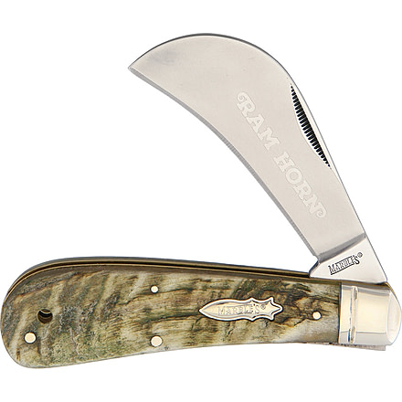 Marbles Hawkbill Ram's Horn Folding Knife,3.25in,Stainless Steel,Standard Edge,Satin,Ram Horn Handle MR364