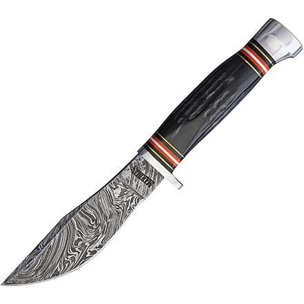 Marbles Horn Damascus Knife, 9in Overall, 4.5in Damascus Steel Blade, Jigged Horn Handle, Brown Leather Sheath, MR460 / EG-741