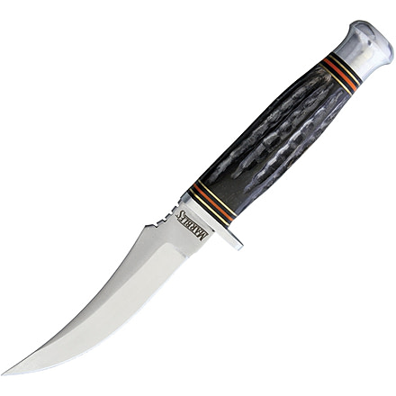 Marbles Hunter Horn Handle Knife, 9in Overall, 4.5in Satin SS Upswept Skinner Blade, Jigged Horn Handle, Brown Leather Sheath, MR450 / EG-711