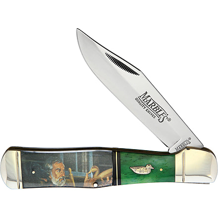 Marbles Mallard Decoy Folder Folding Knife, 4.13 mirror finish stainless clip point blade, Green smooth bone handle with duck decoy artwork u, MR583 MALLARD