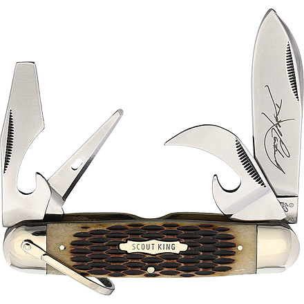 Marbles Scout King Dave Canterbury Folding Knife, Mirror finish stainless spear blade, can opener, b, Brown jigged bone handle, KB416-4.25