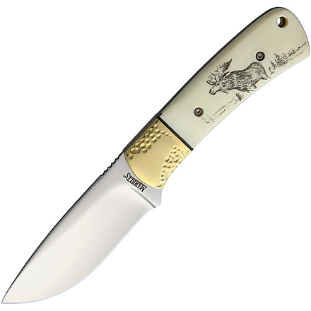 Marbles Scrimshaw Fixed Blade Knife, 7.25in Overall, 3.25in Satin SS Blade, White Smooth Bone Handle, Brass Guard, Scrimshawed Moose Artwork On Handle, Black Nylon Belt Sheath, White, BZ011160