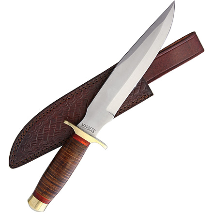 Marbles Stacked Leather Bowie Knife, 9 satin finish stainless clip point blade, Stacked leather handle, MR577 HHH-SEP-1