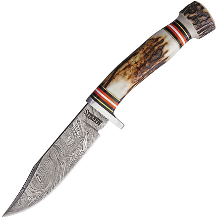 Marbles Stag Damascus Skinner Knife, 9in Overall, 4.5in Damascus Steel Blade, Stag Bone Handle, SS Guard, Brown Leather Sheath, MR459 / EG-740