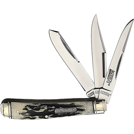 Marbles Three Blade Serpentine Folder Folding Knife, Mirror finish stainless clip, long clip, and spey , Black stag bone handle, KB313 / MR481