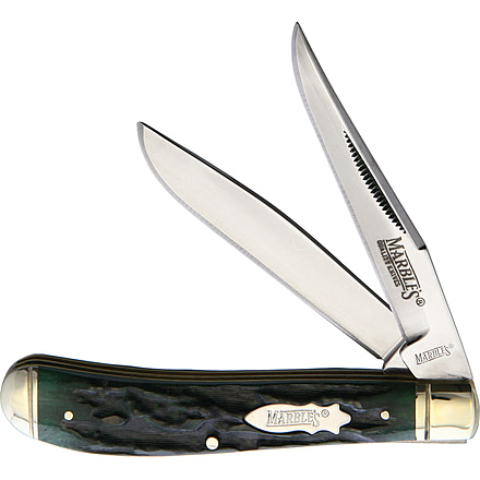 Marbles Trapper Green Stag Bone Folding Knife, Mirror finish stainless clip and spey blades, Green stag bone handle, KB234 GREEN STAG BONE