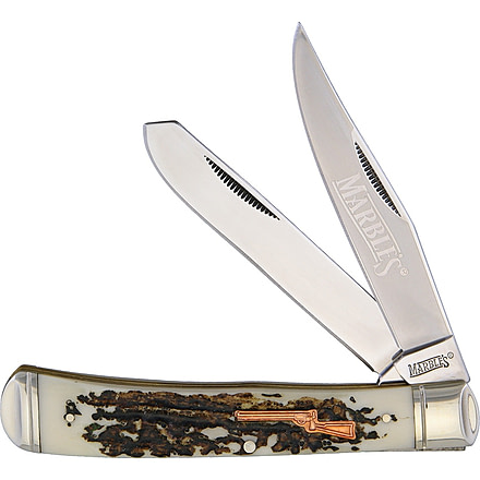Marbles Trapper Imitation Stag Folding Knife, SS Clip/ Spey Blades, Imitation Stag Handle, KB201/ MR414 #61 SHIELD