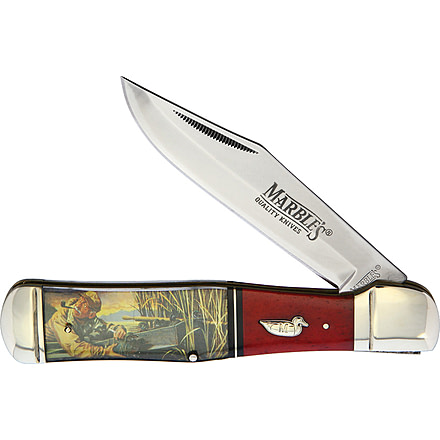Marbles Wood Duck Decoy Folder Folding Knife, 4.13 mirror finish stainless clip point blade, Red smooth bone handle with wood duck decoy artwor, MR584 WOOD DUCK