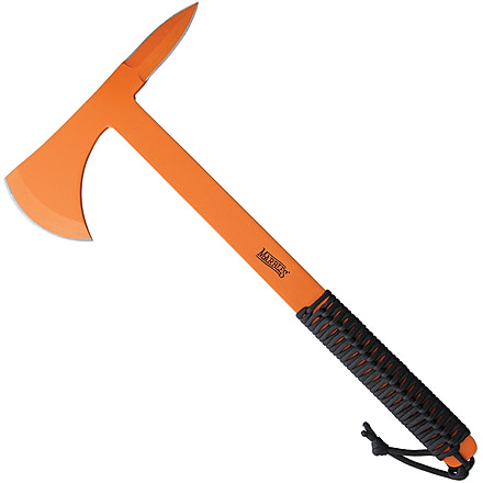 Marbles X-1 Tactical Tomahawk, 15in Overall, 3.38in Cutting Edge, 8in Axe Head, Spear Point Spike End, Orange Finish SS Construction With Black Cord Wrapped Handle, Black Nylon Sheath, Black, MR424
