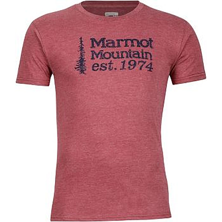 Marmot 74 Short Sleeve Mens Tee, Burgundy Heather, Small, 59540-6823-S