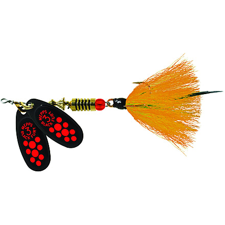 Mepps Double Blade Black Fury In-Line Spinner, 1/4 oz Dressed Treble, Fluorescent Dot &amp; Orange Tail, BFD3T FL2-O