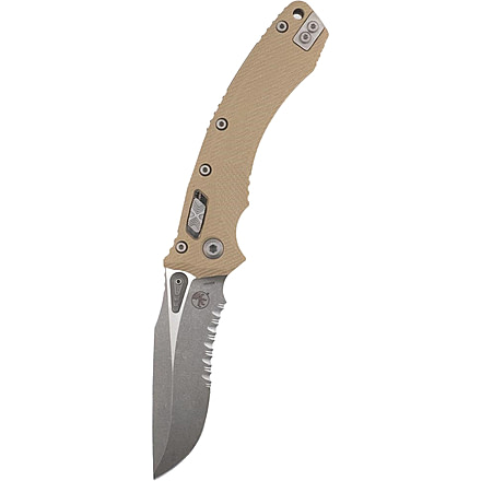 Microtech Amphibian Ram-Lok Apoc Part Serrate Fluted G10 3.875in Folding Knife, Tan, 137RL-11APFLGTTA