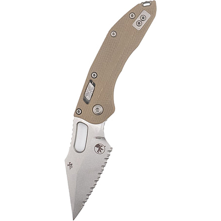 Microtech Stitch Ram Lok S/E Stonewash Full Serrate Fluted G-10 3.71in Folding Knife, Tan, 169RL-12FLGTTA
