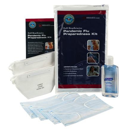 Military Surplus Official DoD Pandemic Flu Preparedness &amp; Protection Kit w/ two N95 Respirators, four Surgical Masks, 4oz Bottle of Hand Sanitizer, NSN 6545-01-566-9074, N95SM, EDEMO3
