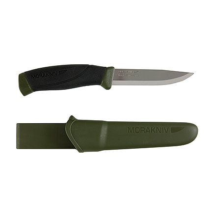 Morakniv 4.1 Inch Stainless Steel Companion Fixed Blade Knife w/ Military Green and Rubber Handle and Sheath, Mil Grn, 4.1, IRM-12215