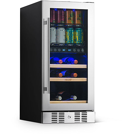 NewAir 15in Premium Built-in Dual Zonen Wine/Beverage Fridge, Black/Stainless Steel, 9 Bottles and 48 Cans, NWB057SS00