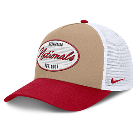 Nike Washington Nationals Rise Nike Mens MLB A-Frame Trucker Adjustable Hat in Brown NB1F0JOTWTL-G3T, Brown, M/L, male, 1016048537-00199297280247