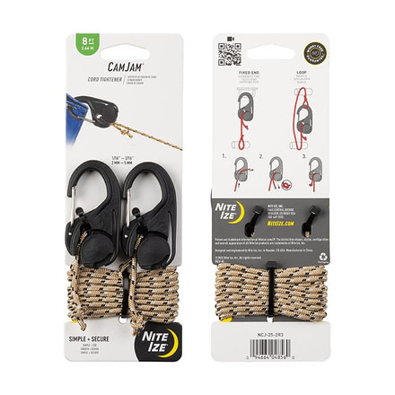 Nite Ize CamJam Cord Tightener - 2 Pack with 8 ft. Rope, Black, Small, NCJ-25-2R3