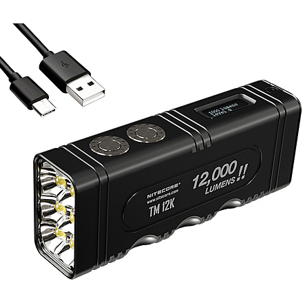 Nitecore TM12K Rechargeable Tactical LED Flashlight, 12,000 Lumens, USB-C, Black, FL-NITE-TM12K