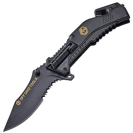 Off Grid Tools Survival Linerlock A/O Folding Knife, 4.75in Closed, 3.25in Black Partially Serrated 420 SS Blade, Black Aluminum Handle Integrated Led Flashlight, OGT-A-35KNIFE