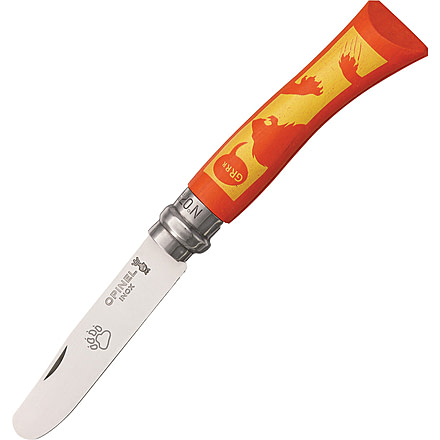 Opinel Childs Lion Folding Knife,2.875in,Round Tip Blade,Orange And Yellow Dyed Wood Handle OP01701