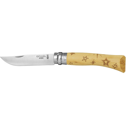 Opinel No 7 Stars Folding Knife,3in,12C27 Steel,Natural Varnished Beechwood Handle, 001549