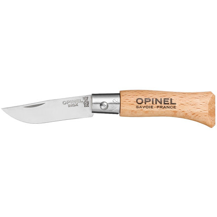 Opinel Stainless Steel Folding Knife No.2, 1 7/8in., w/ Virobloc, 12C27 Sandvik SS, Beechwood Handle, Wood, 001070