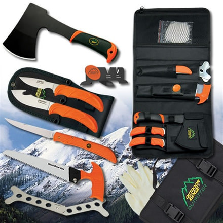 Outdoor Edge Cutlery The Outfitter Hunting Set - Gut-hook Skinner,Caping Knife, Folding Fillet Knife, Wood-Devil Hatchet,Saw,Ribcage Spreader,Cleaning Gloves,Sharpener OF-1