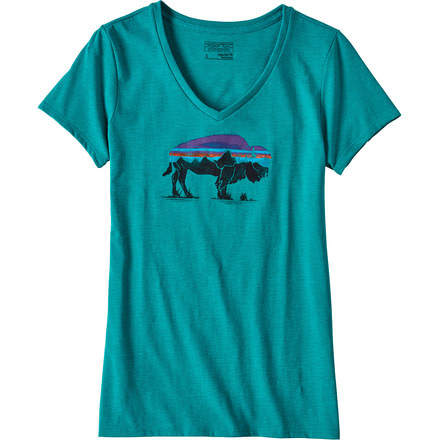 Patagonia Fitz Roy Bison Cotton/Poly V-Neck T-Shirt - Women's-True Teal-Large