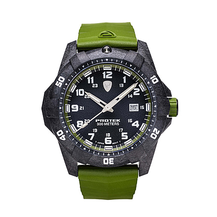 ProTek Carbon Dive Watch, Carbon Case/Black&Green Dial/Green Strap, One Size, PT1005G