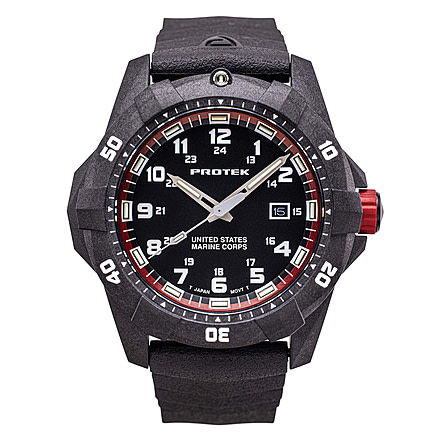 ProTek Carbon USMC Dive Watch, Carbon Case/Black&amp;Red Dial/Black Strap, One Size, PT1012