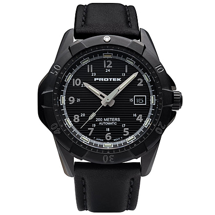 ProTek Model PT2202 Steel Dive Analog Watch, 42mm Case Diameter, Black PVD Steel Bezel, Italian Leather Strap, PT2202