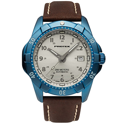 ProTek Model PT2213 Steel Dive Analog Watch, 42mm Case Diameter, Blue PVD Stainless Steel Bezel, Italian Leather Strap,, PT2213