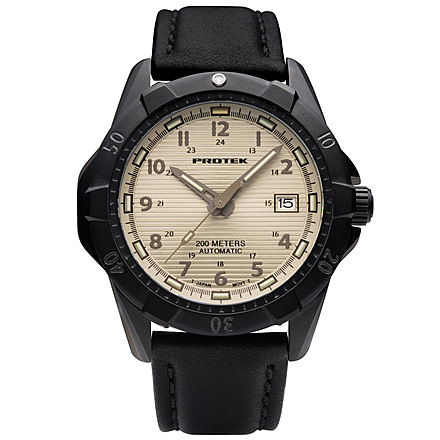 ProTek Model PT2217 Steel Dive Analog Watch, 42mm Case Diameter, Black PVD Stainless Steel Bezel, Italian Leather Strap, PT2217