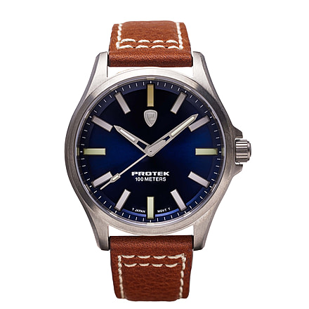 ProTek Titanium Field Watch, Titanium Case/Blue Dial/Dark Tan Strap, One Size, PT3003